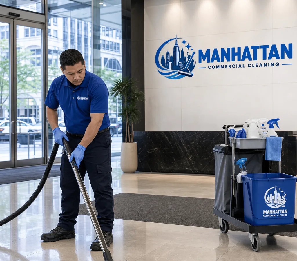 Cleaning technician caring for a modern New York office lobby