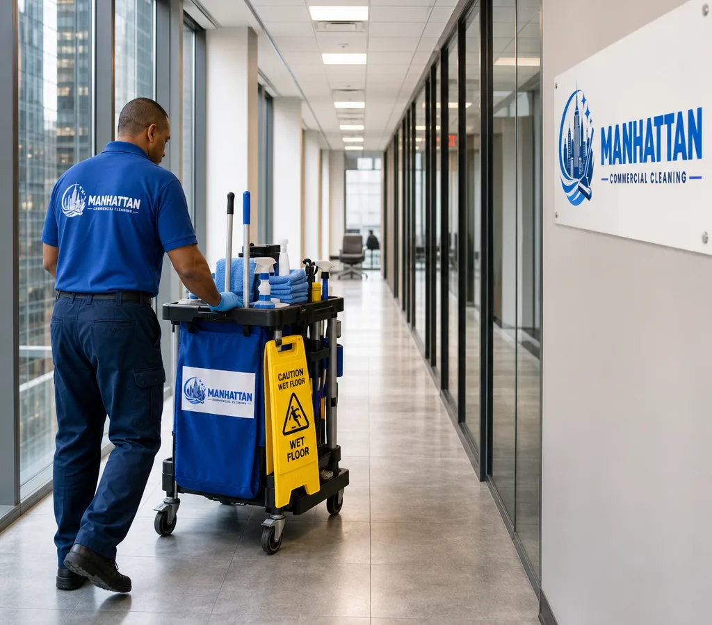 Professional janitorial cleaner servicing a modern New York City office corridor with a microfiber cart, liner caddy, and caution signage