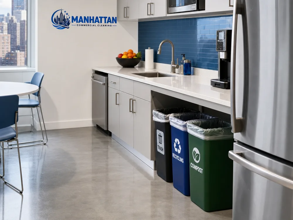 Clean New York City office pantry with wiped counters, organized waste and recycling, and streak-free floors