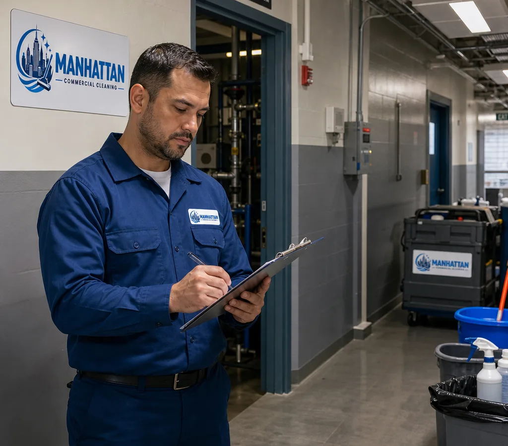 Building engineer reviewing a maintenance checklist in a New York City commercial hallway near mechanical rooms