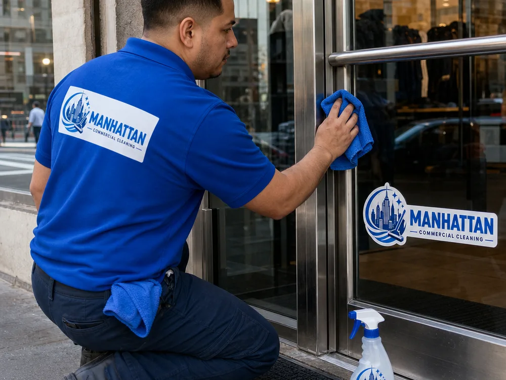 Cleaner detailing glass and stainless steel at a New York retail storefront entrance
