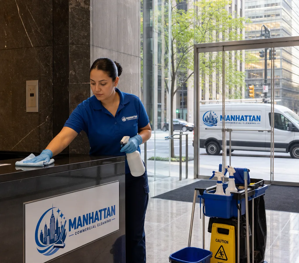 Commercial cleaner disinfecting high-touch lobby surfaces in a modern Manhattan office building