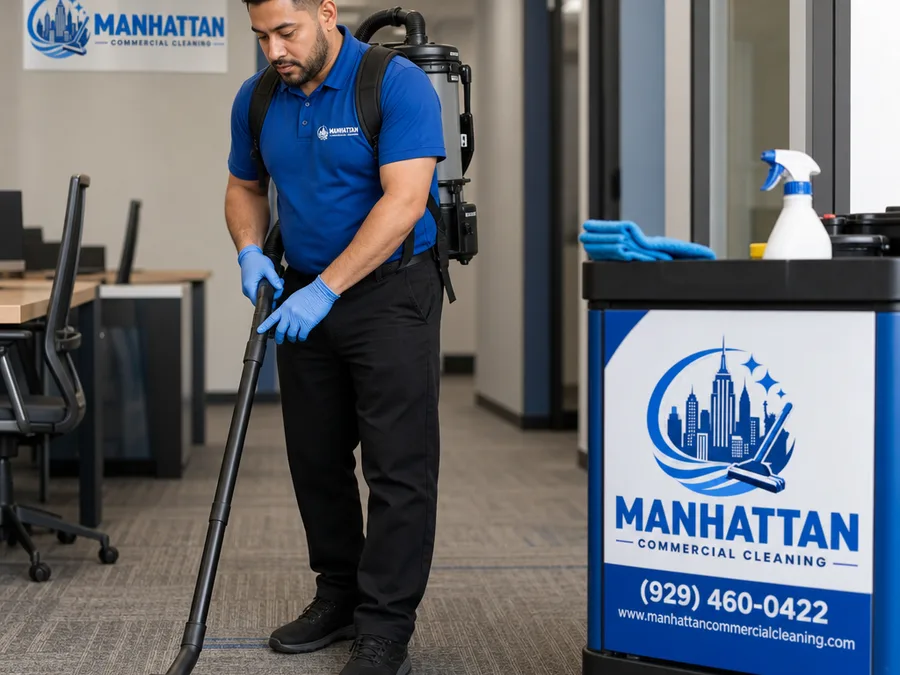 Organized janitorial cart staged discreetly near a commercial service elevator