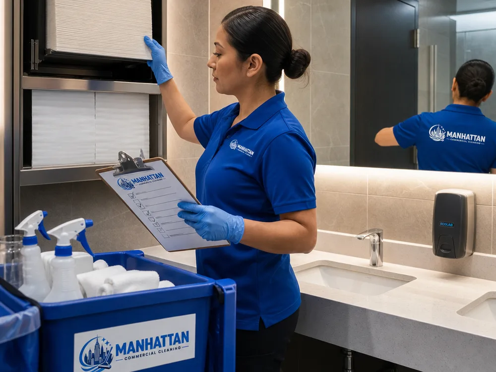 Commercial cleaner restocking and sanitizing a workplace restroom